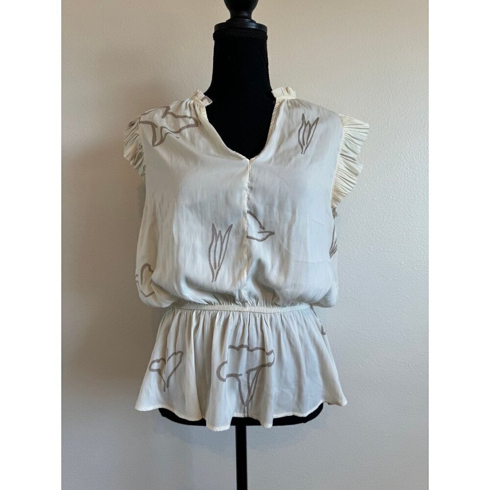 Grade & Gather Women’s Satin V-Neck Ruffle Short Sleeve Blouse‎ Top Medium